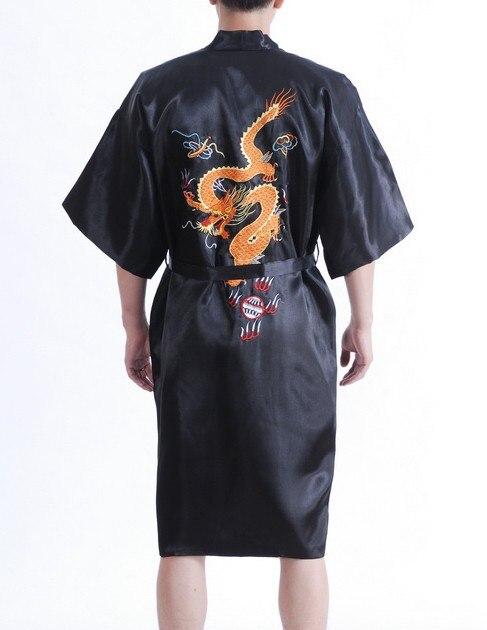 New Year Fashion Blue Male Satin Polyester Night Gown Chinese Embroidery Robe Dragon Kimono Gown Size S M L XL XXL XXXL MR037