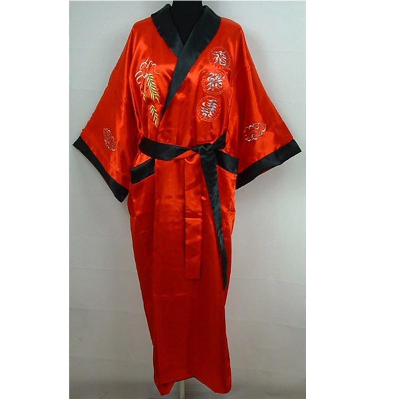 Novelty Reversible Red Black Men's Satin Polyester Robe Two-Face Embroidery Sleepwear Bathrobe Night Gown One Size  ZR29