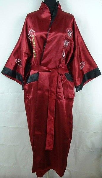 Novelty Reversible Red Black Men's Satin Polyester Robe Two-Face Embroidery Sleepwear Bathrobe Night Gown One Size  ZR29