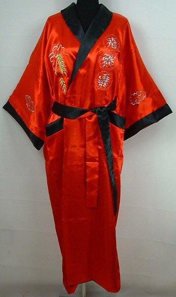 Novelty Reversible Red Black Men's Satin Polyester Robe Two-Face Embroidery Sleepwear Bathrobe Night Gown One Size  ZR29