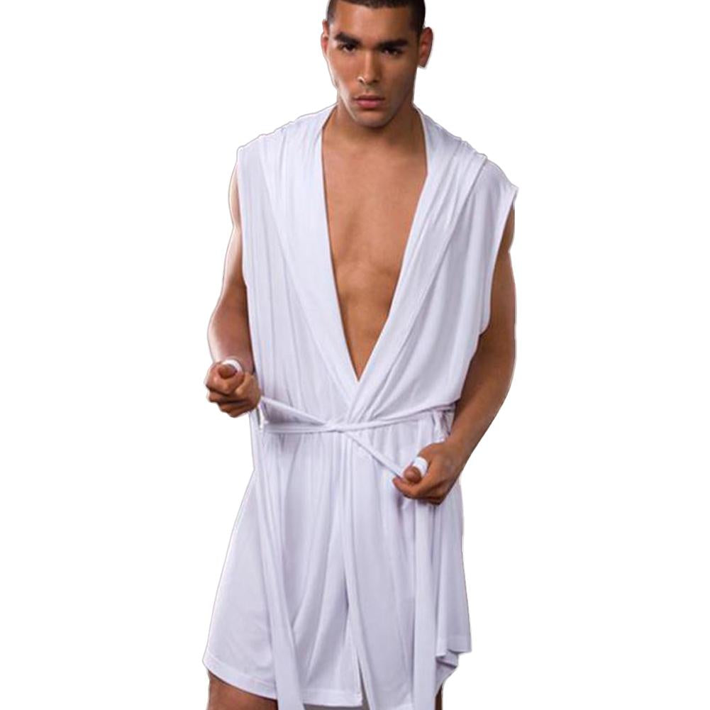 YJSFG HOUSE Sexy New Men Robe Sets Summer Men's Sleep Lounge Belt Ice Silk Robe Gown Bathrobe Nightgown Sleeveless Hooded Robes