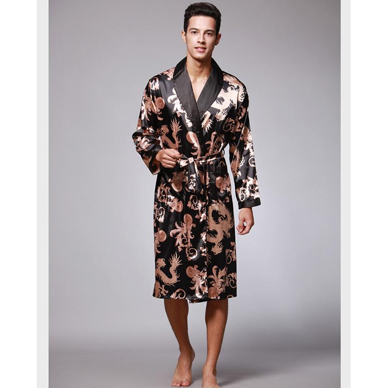 2018 Men New Long Sleeve Silk Nightgown Spring Autumn Luxury Bathrobe Male Print Pajamas Sexy Home Clothes Open Stitch Sleepwear