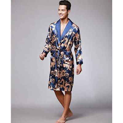 2018 Men New Long Sleeve Silk Nightgown Spring Autumn Luxury Bathrobe Male Print Pajamas Sexy Home Clothes Open Stitch Sleepwear
