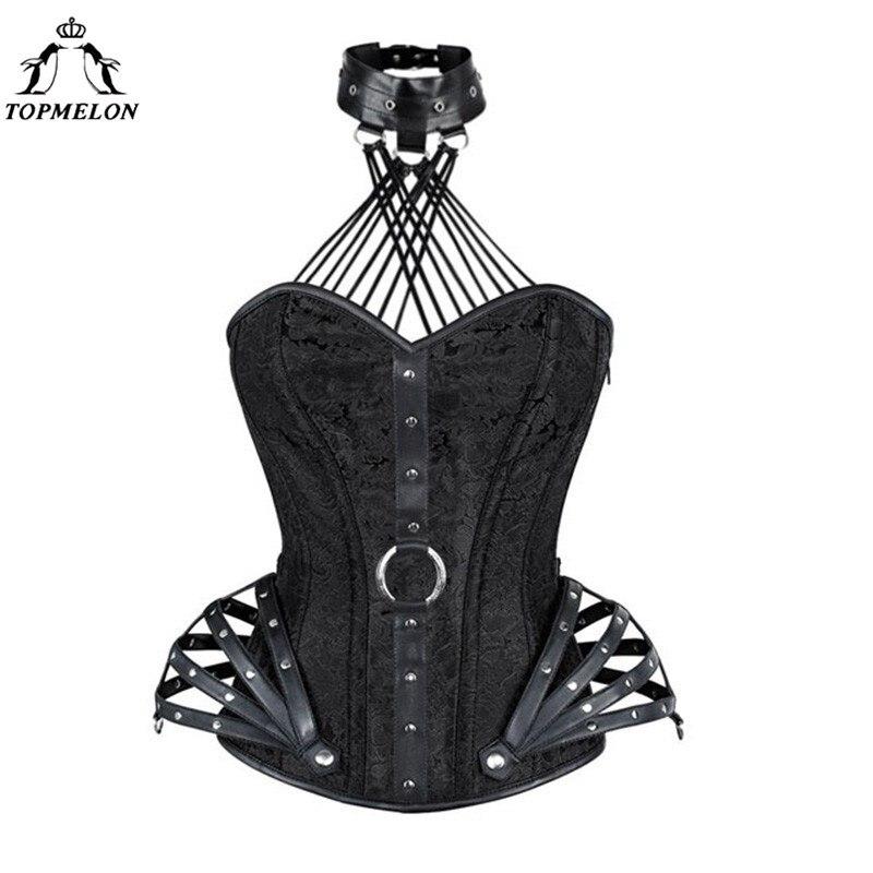 TOPMELON Steampunk Halter Bustier Gothic Corselet Corset Women Choker Corsets and Bustiers Sexy leather Floral Rivet Party Tops