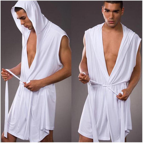 2018 Fashion Men Sleeveless Hooded Robes Black White Gray Coffee Sexy Men Summer Silk Robe Gown Male Bathrobe Nightgown