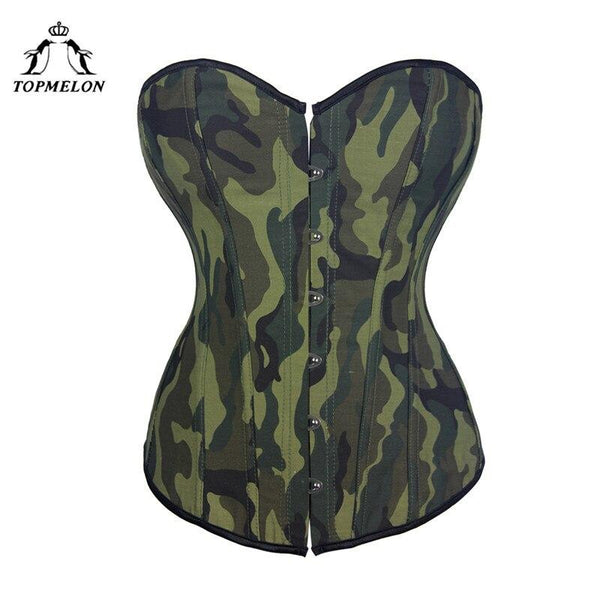 TOPMELON Camouflage Corset Sexy Women Steampunk Gothic Bustier Corselet Green Army Military Lace Up Party Club Shows Corset Tops