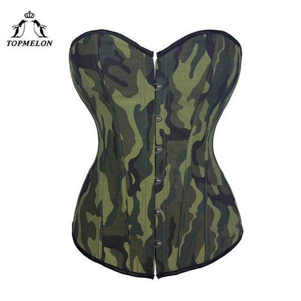 TOPMELON Camouflage Corset Sexy Women Steampunk Gothic Bustier Corselet Green Army Military Lace Up Party Club Shows Corset Tops