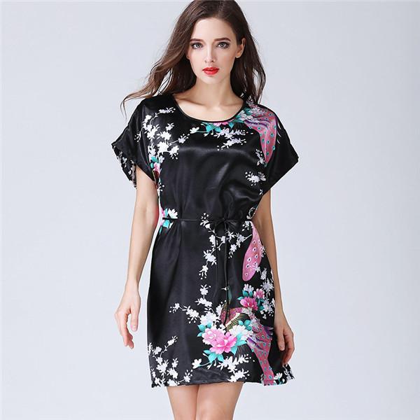 Chinese Style Women Robe Print Long Sleepwear Summer Nightgown Satin Lady Home Dress Royal Blue Home Wear Sexy Nightgown