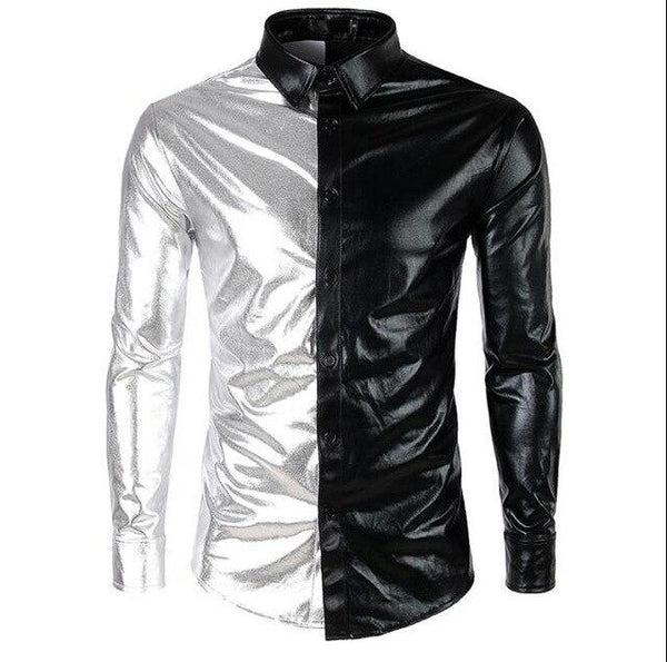 Loldeal Mens Trend Night Club Coated Metallic Halloween Gold Silver Button Down Shirts Party Shiny Long Sleeves Dress Shirts