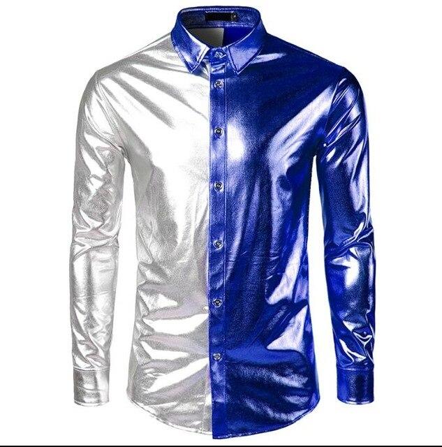 Loldeal Mens Trend Night Club Coated Metallic Halloween Gold Silver Button Down Shirts Party Shiny Long Sleeves Dress Shirts