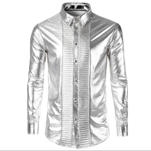 Loldeal Mens Trend Night Club Coated Metallic Halloween Gold Silver Button Down Shirts Party Shiny Long Sleeves Dress Shirts