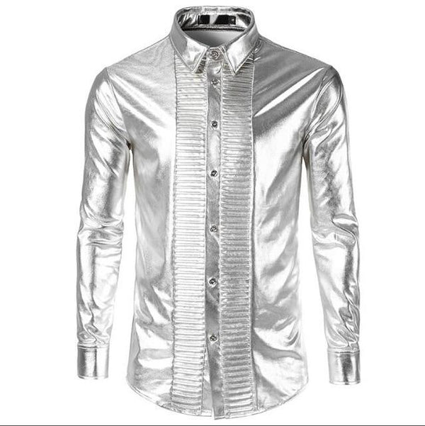 Loldeal Mens Trend Night Club Coated Metallic Halloween Gold Silver Button Down Shirts Party Shiny Long Sleeves Dress Shirts