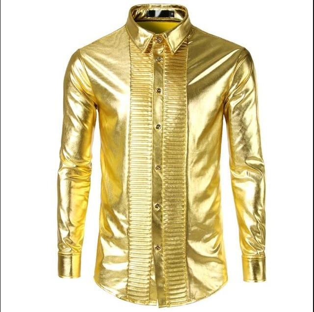 Loldeal Mens Trend Night Club Coated Metallic Halloween Gold Silver Button Down Shirts Party Shiny Long Sleeves Dress Shirts