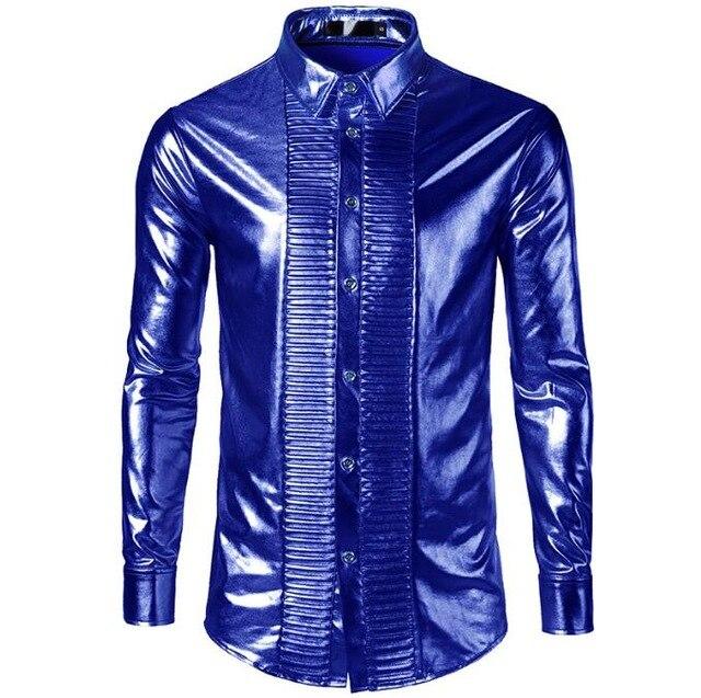 Loldeal Mens Trend Night Club Coated Metallic Halloween Gold Silver Button Down Shirts Party Shiny Long Sleeves Dress Shirts