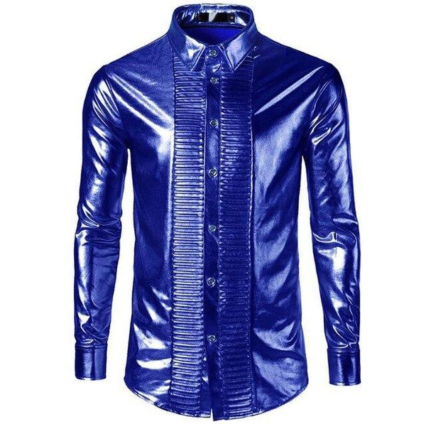 Loldeal Mens Trend Night Club Coated Metallic Halloween Gold Silver Button Down Shirts Party Shiny Long Sleeves Dress Shirts