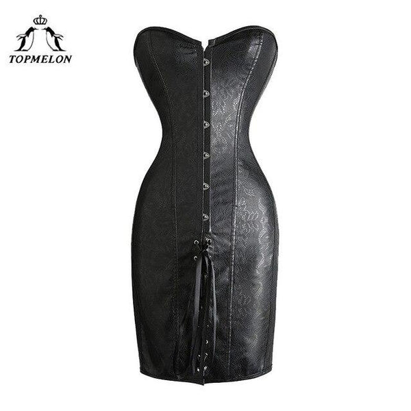 TOPMELON Corset Dress Bustier Gothic Steampunk Corselet Punk Lace Up Corset Women Sexy Black Leather Party Club Short Dress