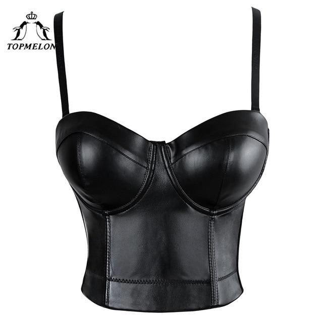 TOPMELON Sexy Tops Punk Corset Bustier Corselet Gothic Slimming Shapewear Black Leather Party Shows Club Crop Vest Bra Tops