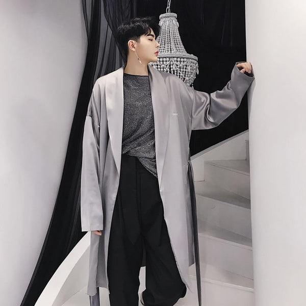 Men Casual Loose Windbreaker Silk Long Night Gown Trench Coat Cardigan Male Streetwear Hip Hop Overcoat Men Clothes