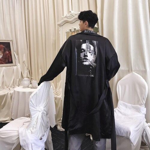 Men Casual Loose Windbreaker Silk Long Night Gown Trench Coat Cardigan Male Streetwear Hip Hop Overcoat Men Clothes