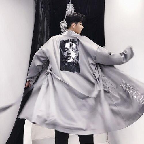 Men Casual Loose Windbreaker Silk Long Night Gown Trench Coat Cardigan Male Streetwear Hip Hop Overcoat Men Clothes