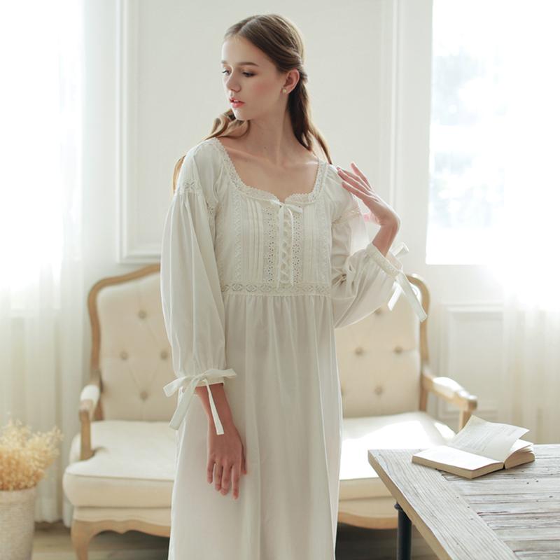 High Quality Nightgown Long Nightdress White Cotton Sleepwear Women Nightwear  Vintage Long Gown Pyjama Medieval Queen Nightgown