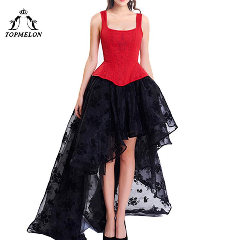TOPMELON Corset Dress Steampunk Bustier Gothic Corset Women Embroidery Lace Mesh Dress Floral Silky Party Wedding Long Ball Gown