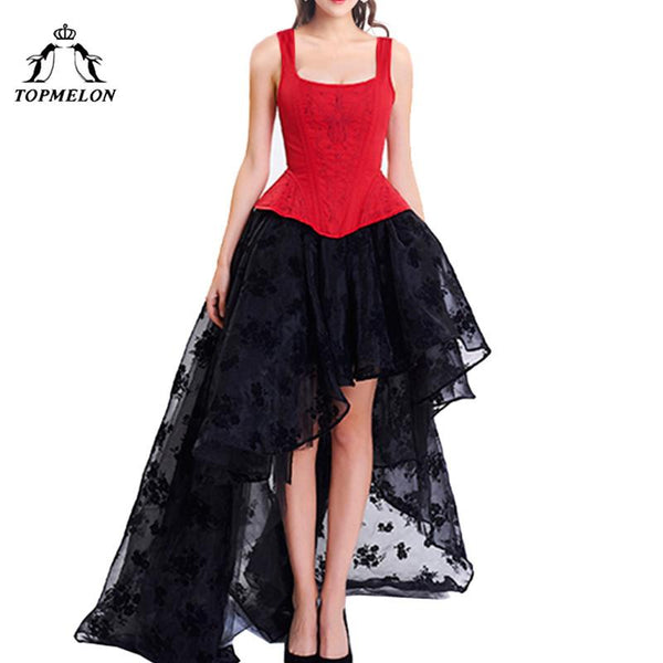 TOPMELON Corset Dress Steampunk Bustier Gothic Corset Women Embroidery Lace Mesh Dress Floral Silky Party Wedding Long Ball Gown