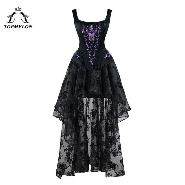 TOPMELON Corset Dress Steampunk Bustier Gothic Corset Women Embroidery Lace Mesh Dress Floral Silky Party Wedding Long Ball Gown