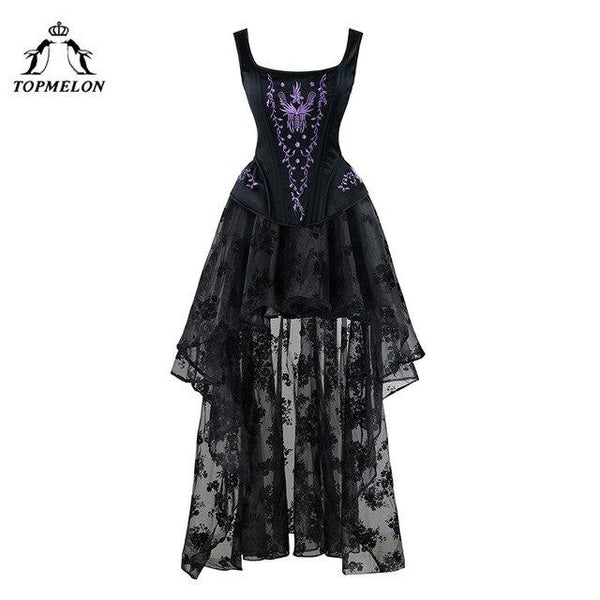 TOPMELON Corset Dress Steampunk Bustier Gothic Corset Women Embroidery Lace Mesh Dress Floral Silky Party Wedding Long Ball Gown