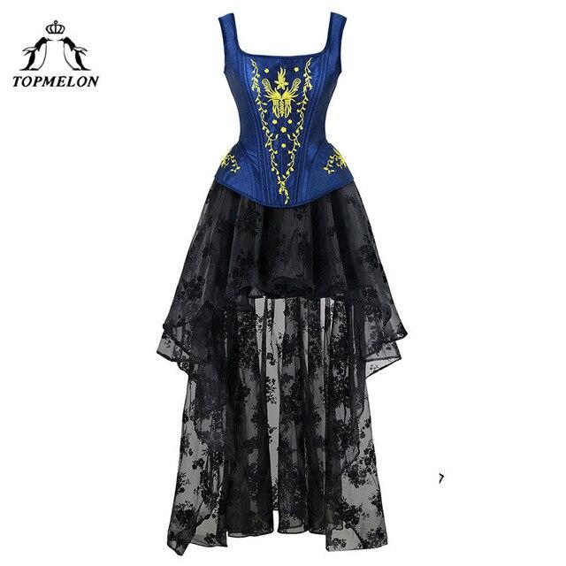 TOPMELON Corset Dress Steampunk Bustier Gothic Corset Women Embroidery Lace Mesh Dress Floral Silky Party Wedding Long Ball Gown