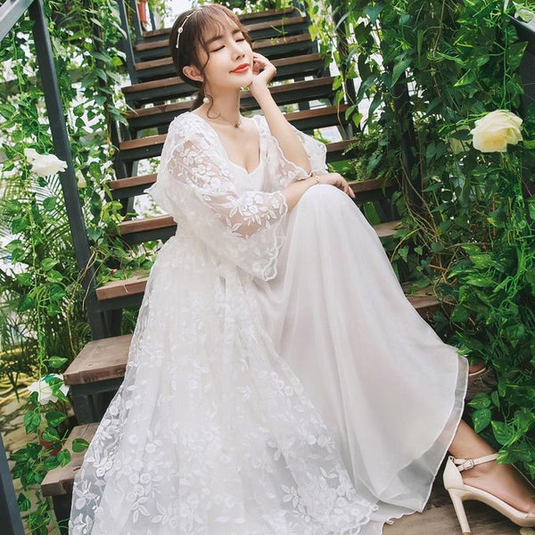 Women Dress Elegant Sleepwear White Lace Nightgown Long Dress Ladies Wedding Dress Party Dress