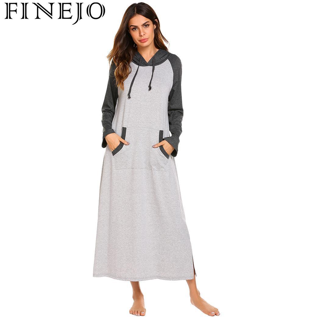 FINEJO Nightdress Women's Autumn 2018 Loose Casual Solid Long Long Sleeve Feminina Hooded New Fashion Fit Women Long Sleepwear