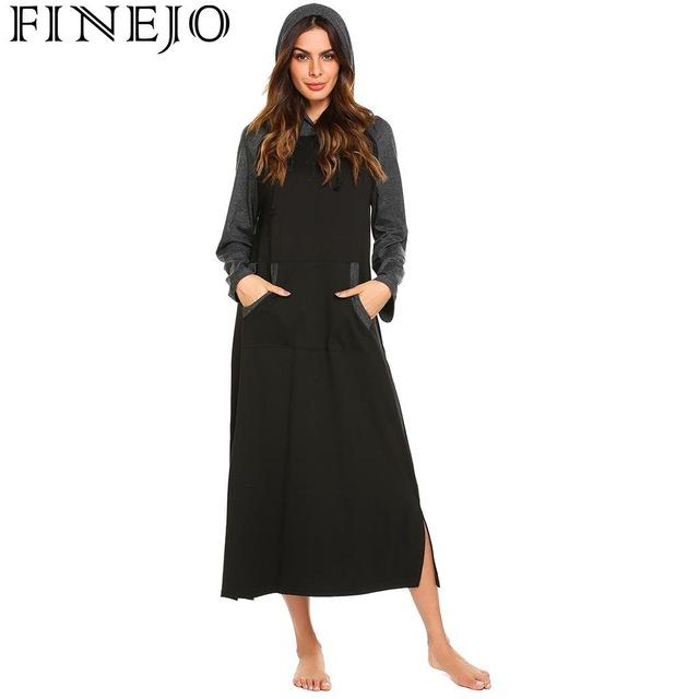 FINEJO Nightdress Women's Autumn 2018 Loose Casual Solid Long Long Sleeve Feminina Hooded New Fashion Fit Women Long Sleepwear