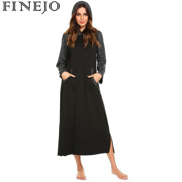 FINEJO Nightdress Women's Autumn 2018 Loose Casual Solid Long Long Sleeve Feminina Hooded New Fashion Fit Women Long Sleepwear