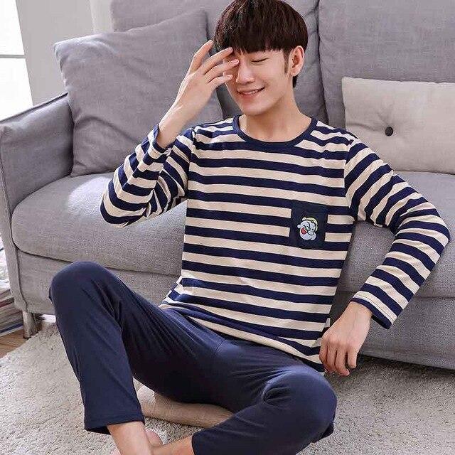 Men Pajama Cotton Gray O-neck Sleepwear Men Long Sleeve Home Clothes Plus Size L-3XL Pijama Male Underwear Set Pyjamas Nightwear