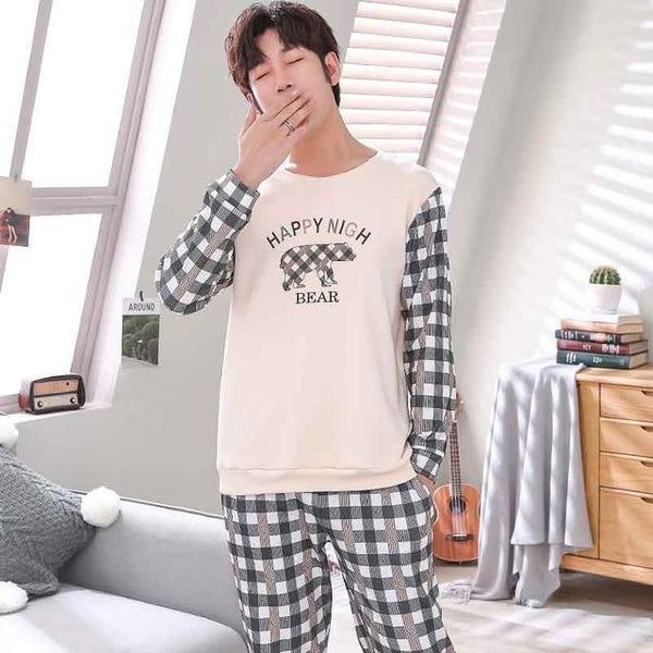 Men Pajama Cotton Gray O-neck Sleepwear Men Long Sleeve Home Clothes Plus Size L-3XL Pijama Male Underwear Set Pyjamas Nightwear