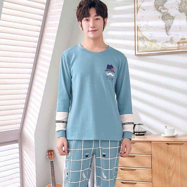 Men Pajama Cotton Gray O-neck Sleepwear Men Long Sleeve Home Clothes Plus Size L-3XL Pijama Male Underwear Set Pyjamas Nightwear
