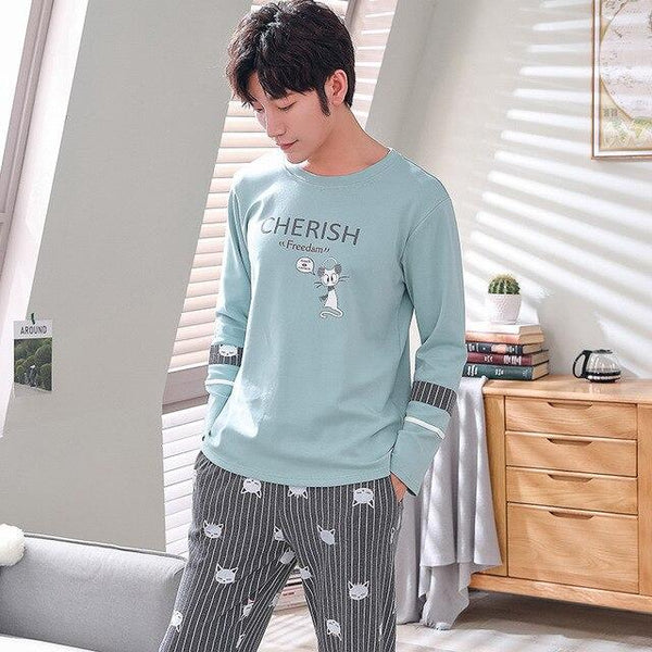 Men Pajama Cotton Gray O-neck Sleepwear Men Long Sleeve Home Clothes Plus Size L-3XL Pijama Male Underwear Set Pyjamas Nightwear