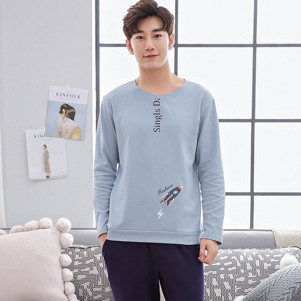 Men Pajama Cotton Gray O-neck Sleepwear Men Long Sleeve Home Clothes Plus Size L-3XL Pijama Male Underwear Set Pyjamas Nightwear