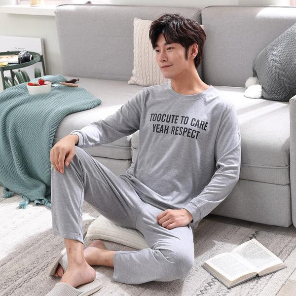Men Pajama Cotton Gray O-neck Sleepwear Men Long Sleeve Home Clothes Plus Size L-3XL Pijama Male Underwear Set Pyjamas Nightwear