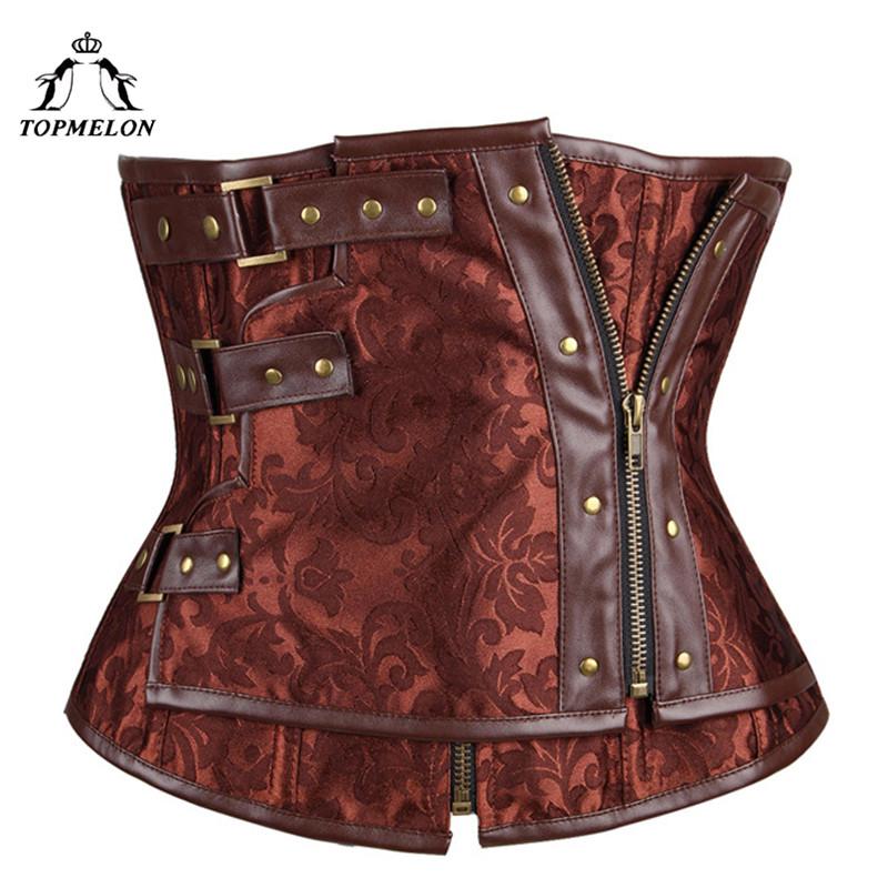 TOPMELON Underbust Corset Bustier Gothic Corselet Corset Women Steampunk Modeling Strap Brown  Leather Floral Party Shows Tops