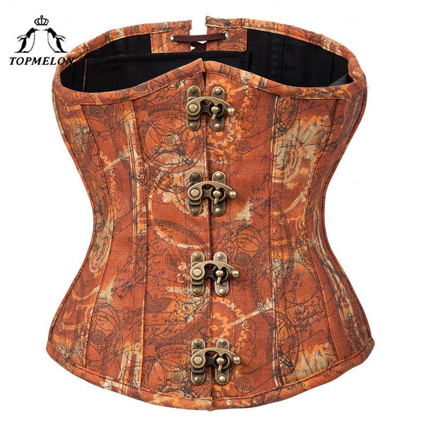 TOPMELON Steampunk Underbust Corset Bustier Gothic Sexy Corset Women Corselet Retro Tan Buckles Gears Pattern Corset Tops