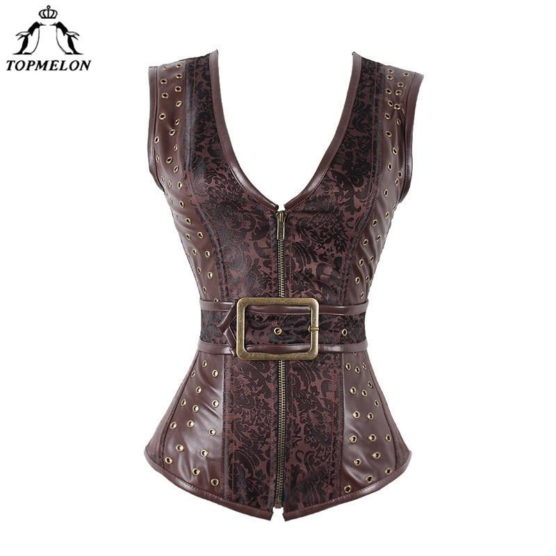 TOPMELON Steampunk Corset Bustier Gothic Modeling Strap Corset Women Corselet Sexy Corset Brown Retro Rivet Steel Boned Tops