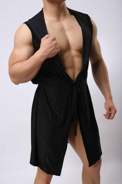 Sexy Men Sleeveless Hooded Silk Robe Gown Male Bathrobe Nightgown Cheap Men's Polyester Robes with Hood Black White Gray Coffee