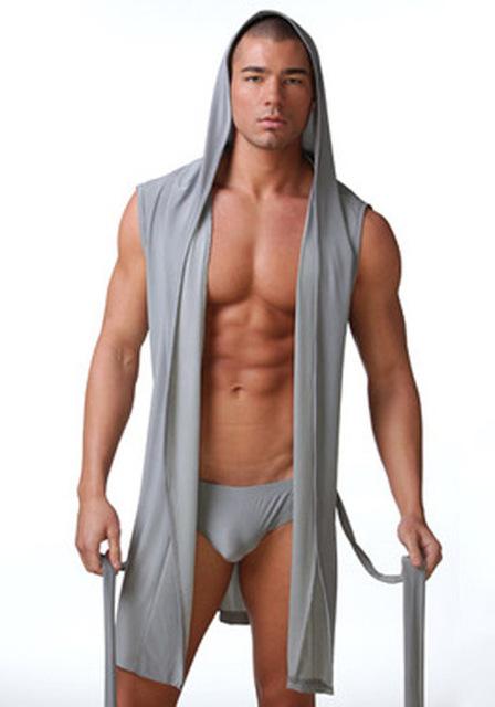 Sexy Men Sleeveless Hooded Silk Robe Gown Male Bathrobe Nightgown Cheap Men's Polyester Robes with Hood Black White Gray Coffee