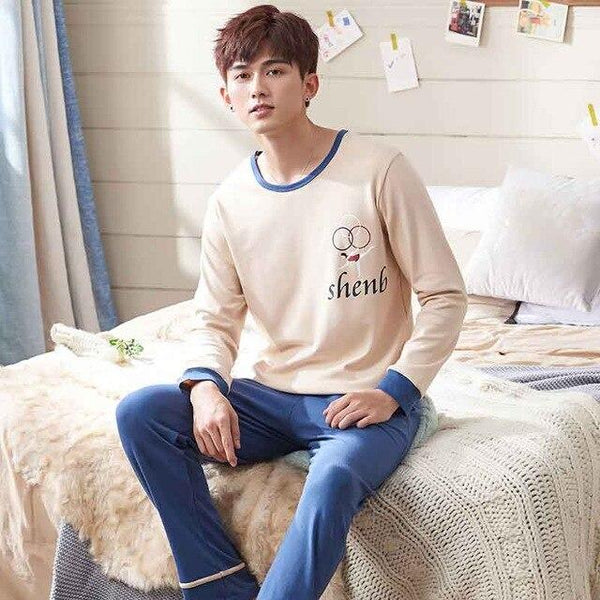 Men Pajama Cotton Gray O-neck Sleepwear Men Long Sleeve Home Clothes Plus Size L-3XL Pijama Male Underwear Set Pyjamas Nightwear