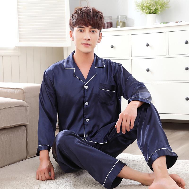 Satin Silk Pajamas Long For Men Autumn Sleepwear Male Pajama Set Soft Nightgown For Men Pyjamas Sleep Lounge Big Size M-3XL