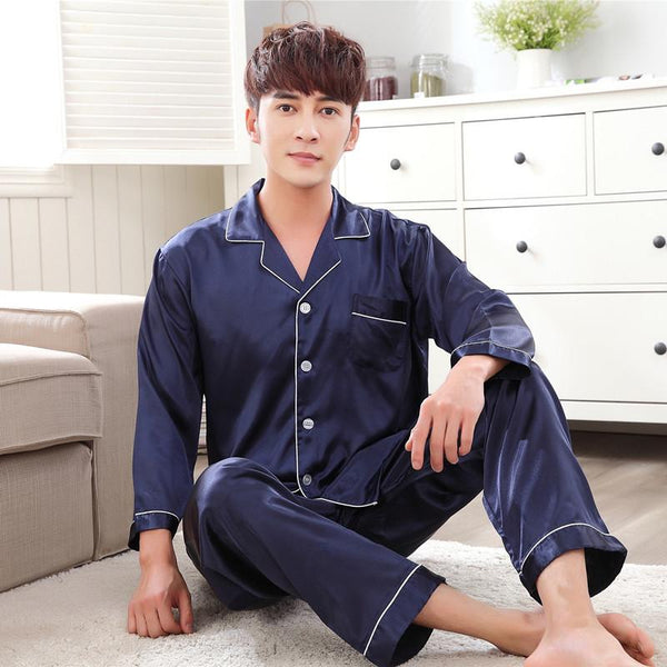 Satin Silk Pajamas Long For Men Autumn Sleepwear Male Pajama Set Soft Nightgown For Men Pyjamas Sleep Lounge Big Size M-3XL