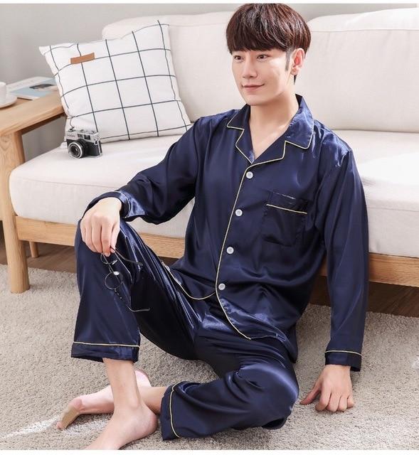Satin Silk Pajamas Long For Men Autumn Sleepwear Male Pajama Set Soft Nightgown For Men Pyjamas Sleep Lounge Big Size M-3XL