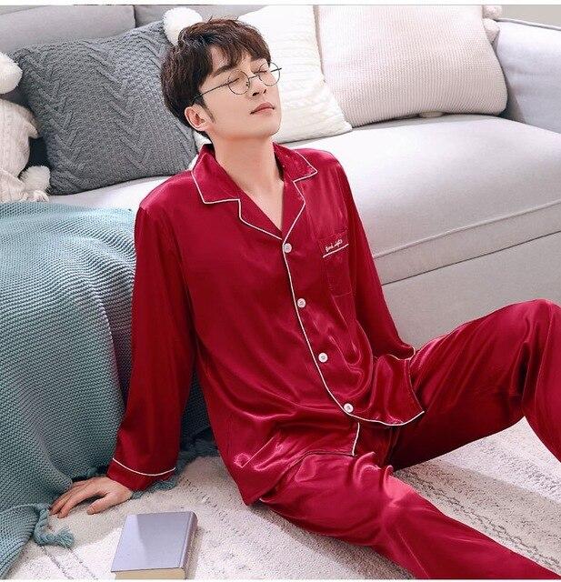 Satin Silk Pajamas Long For Men Autumn Sleepwear Male Pajama Set Soft Nightgown For Men Pyjamas Sleep Lounge Big Size M-3XL